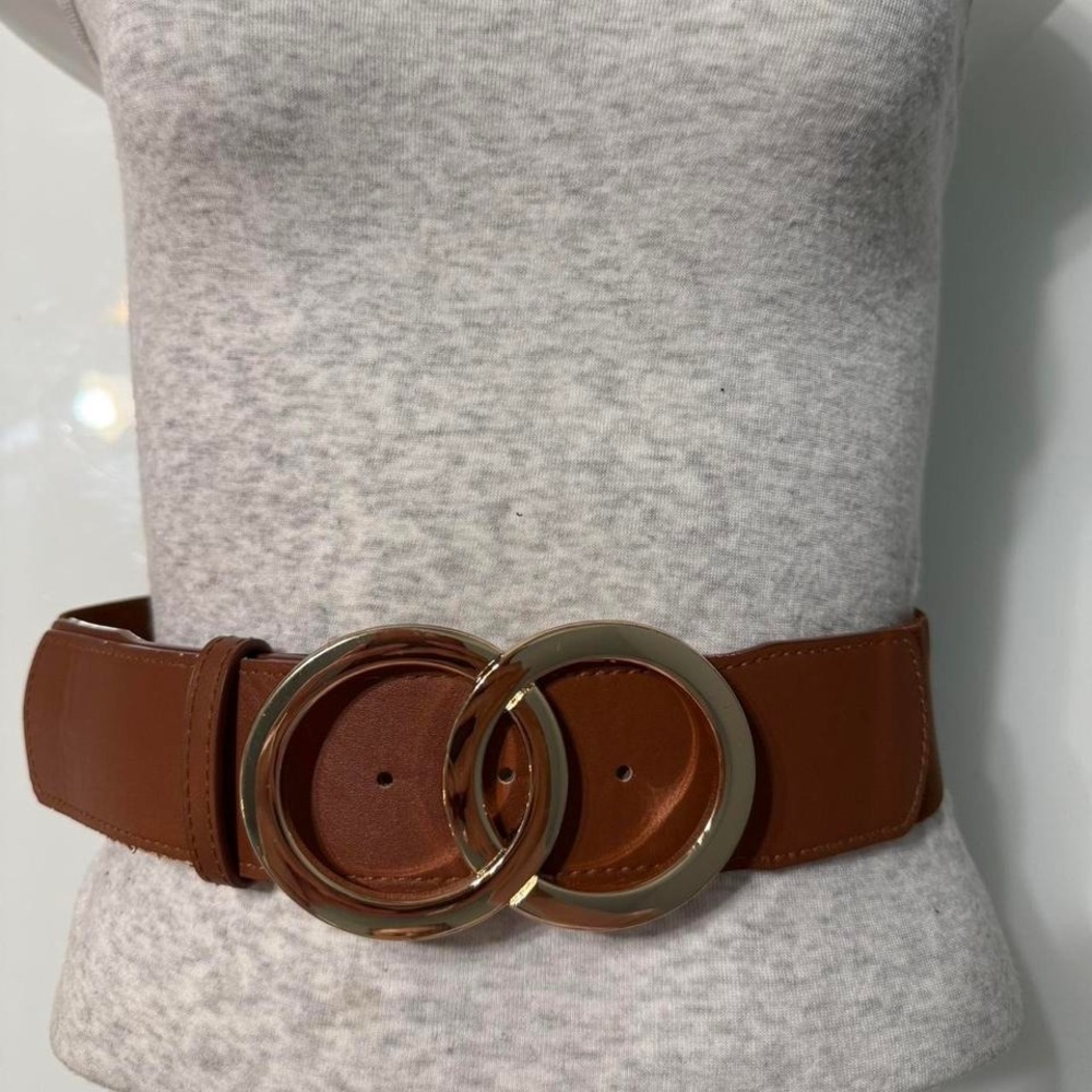 Brown faux leather belt with gold buckle 34"